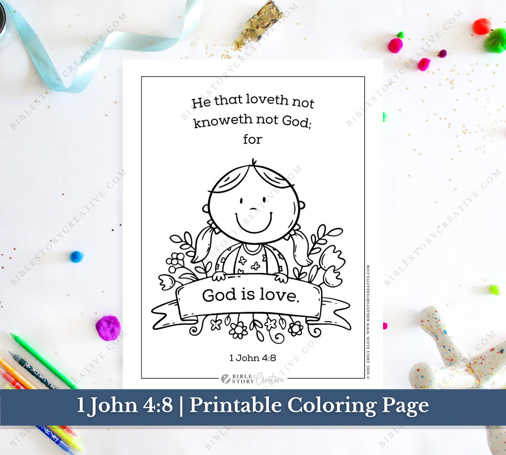 1 John 4:8 | Bible Verse Printable Coloring Page for Kids | KJV Sunday School Scripture | PDF Digital Download Printable